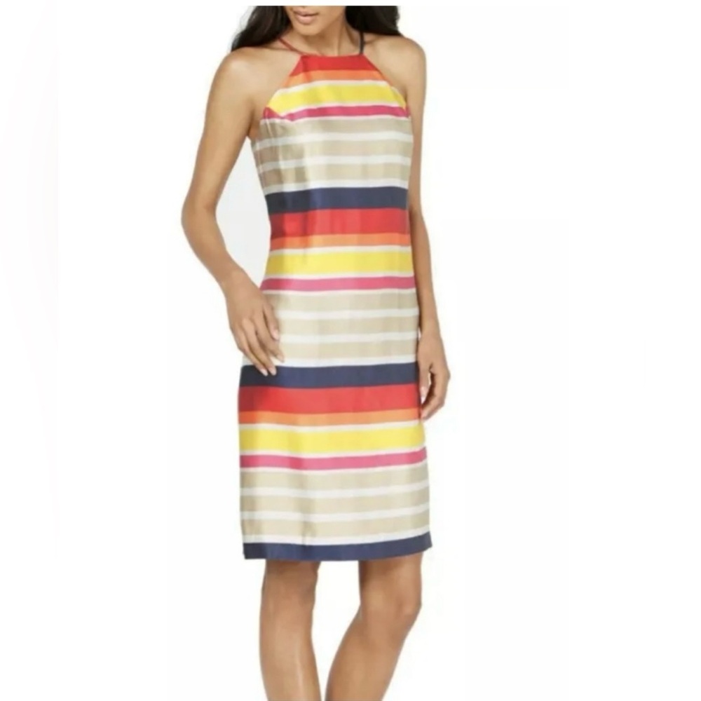 Trina Turk Multicolor Striped Halter Dress — Red, Yellow, Navy, Pink, Cream